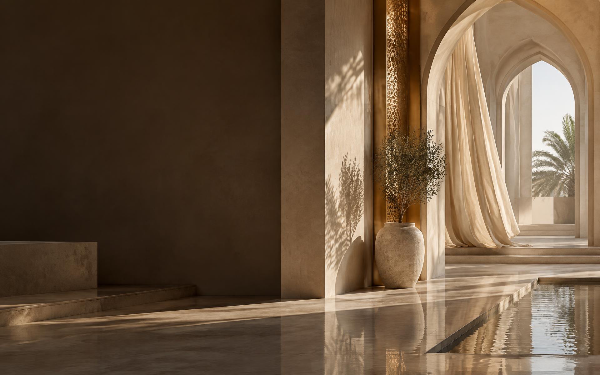 Interior contemporâneo de inspiração árabe com arcos em pedra e luz quente